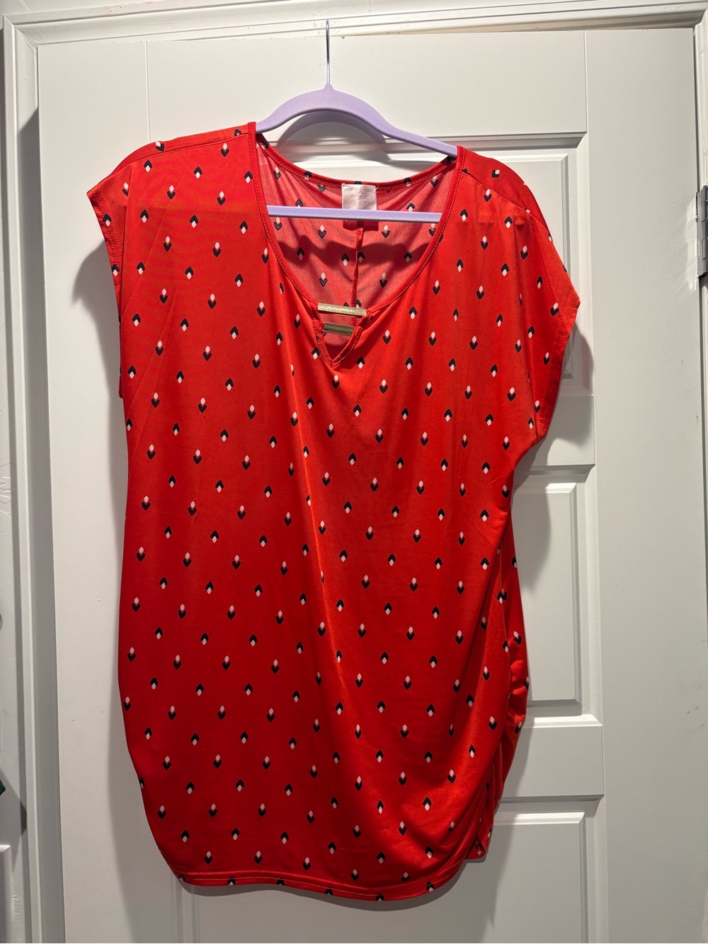Red Heart Print Tunic Top Gold Detail Stretch Blouse